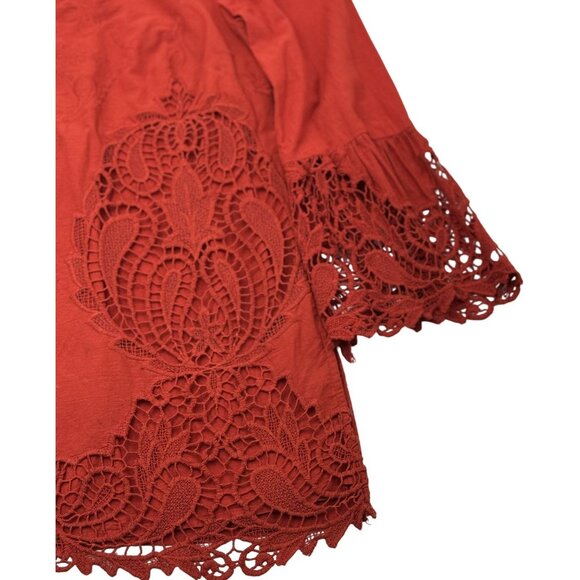 Chico's Rust Red Lace Embroidered Crochet Bell Sleeve Tunic Top Womans Size 0 - Picture 8 of 8